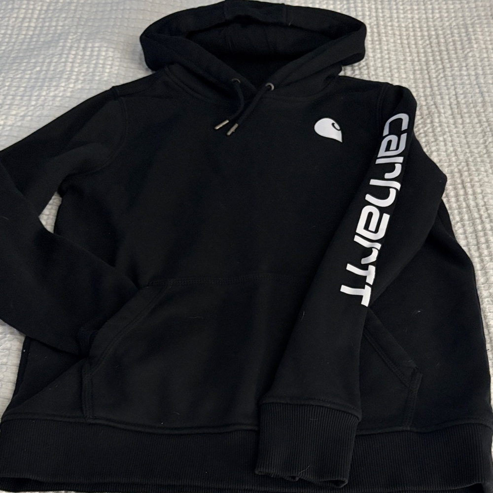Carhartt Black Pullover Hoodie with White Logo Sleeve
